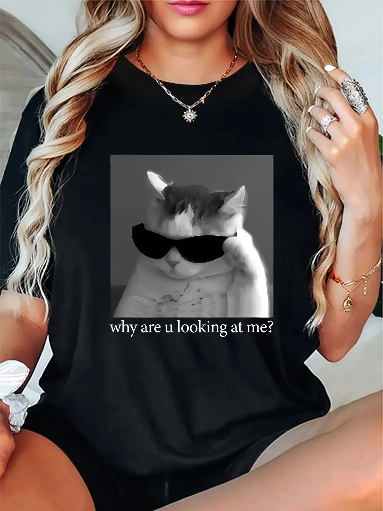 

Women'S Stylish Black T Shirt with Glasses Cat Print Why Are U Looking at Me Text Short Sleeve for Summer Cat Lover Gifts
