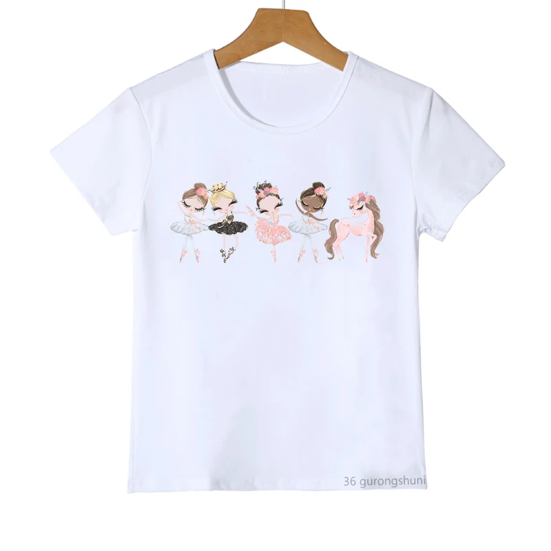 Kawaii Girls T Shirts Ballet Dance Girls Cartoon Print Girl Clothes Dancer Tshirt Letnia odzież dziecięca Tshirt z krótkim rękawem