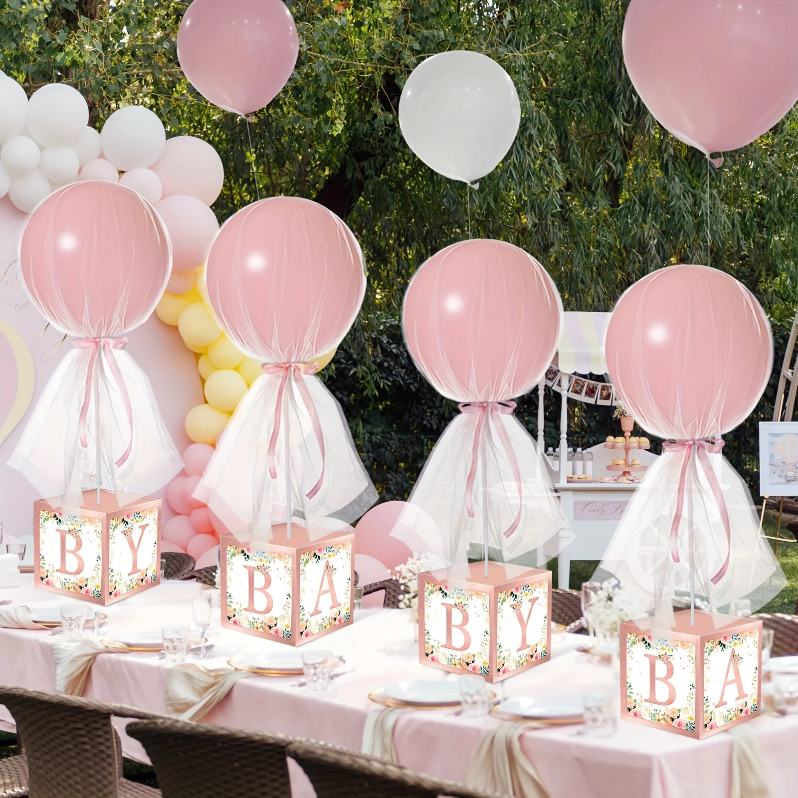 6 Set Pink Girl Tulle Tutu Balloon with Letter Boxes Shower Table Centerpieces Decor for Gender Reveal 24'' Balloons White Tulle