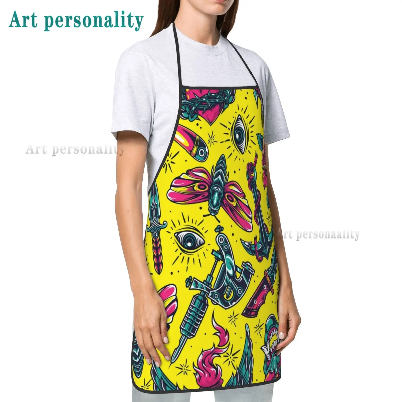 Tattoo Apron a Skull Tribal Floral Like Designs Sexy Aprons Unisex Adult Apron Kitchen Bib with Adjustable Neck for Cooking