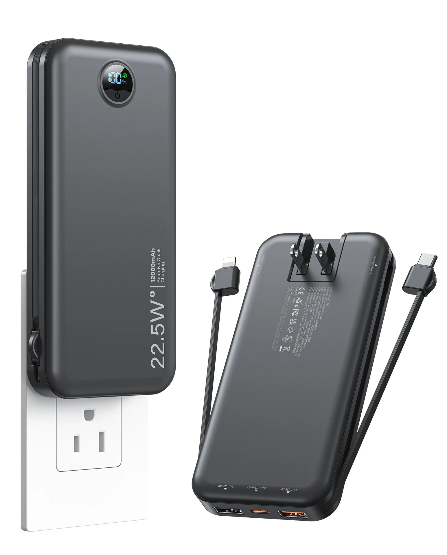 شاحن محمول بقدرة 12000 مللي أمبير في الساعة يعمل بالتيار المتردد مع كابلات مدمجة وشاشة رقمية وشحن سريع 22.5 وات للهواتف الذكية