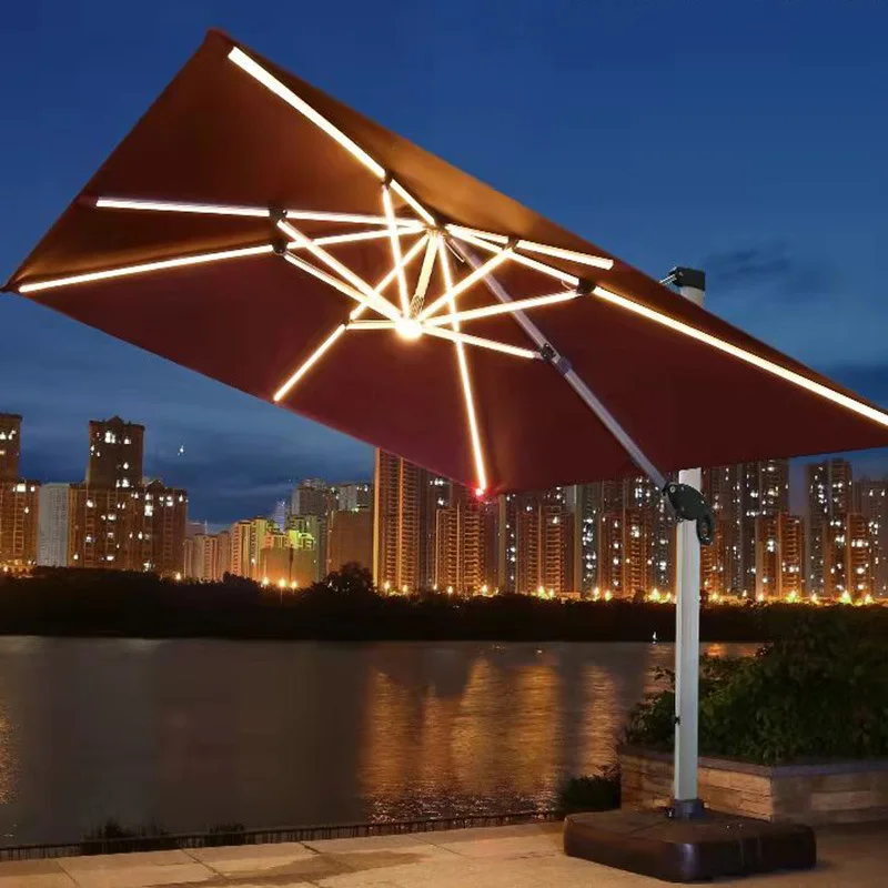 3M Square Cantilever Parasol Aluminum Frame 360° Rotatable Waterproof Patio Umbrella with LED Light for Hotel Garden Park