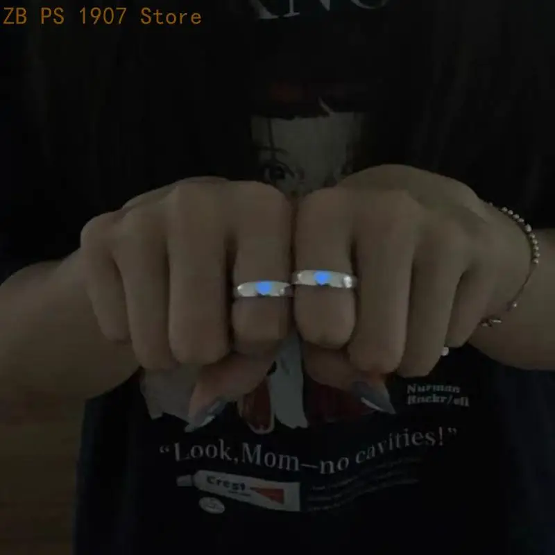 2Pcs Adjustable Couple Finger Rings Blue Love-Heart Ring Glow In Dark Joint Ring 55KA