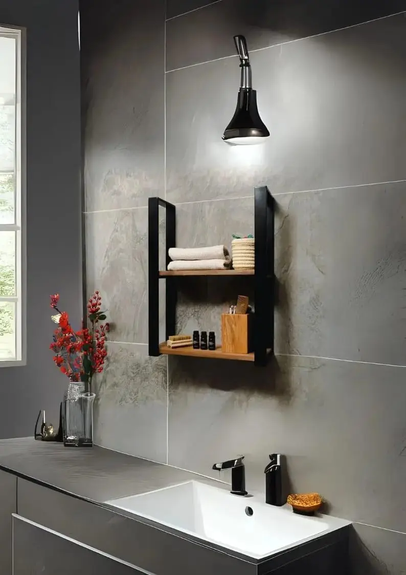Modern 2-Tier Floating Shelf, Black Metal Frame with Wood Shelves, Wall Mounted Storage Rack for Bathroom Bedroom Living Room Ki