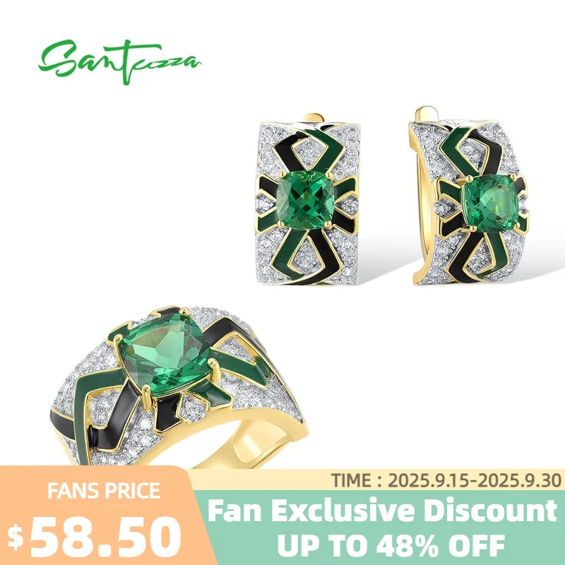 

SANTUZZA Real 925 Sterling Silver Jewelry Set For Woman Sparkling White CZ Green Spinel Enamel Ring Earrings Sets Fine Jewelry