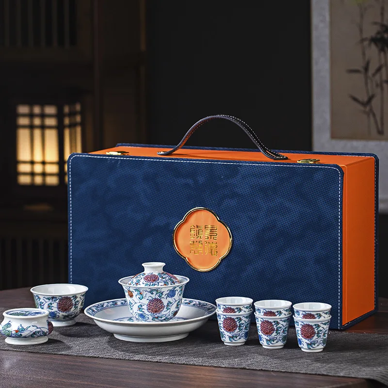 Ceramic tea set high white porcelain high value blue and white porcelain cover bowl teacup high-end household gifts