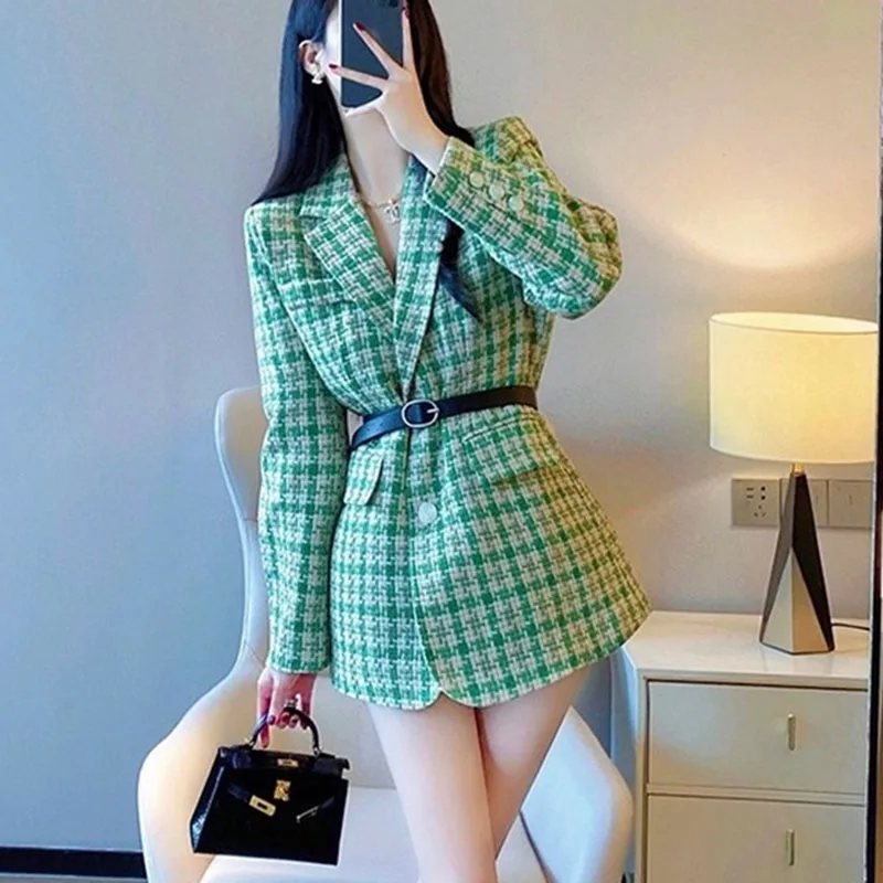 

Small Fragrant Houndstooth Woolen Coat for Women Autumn Winter New Korean Style Temperament Waist Cinching Slim Suit Coat Top