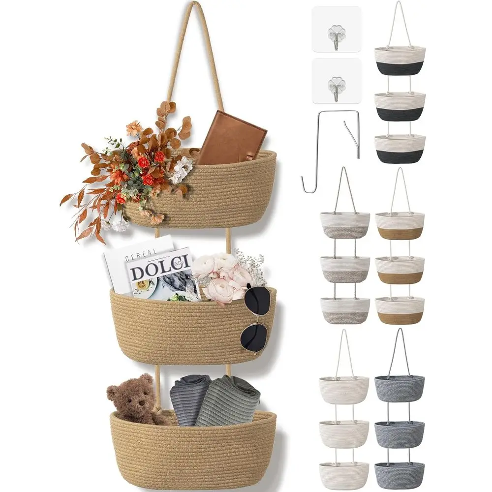 3 Tier Wall Mounted Woven Hanging Basket, Over the Door Hanging Basket with Hooks, Decorative Storage Hanging Closet Removable,