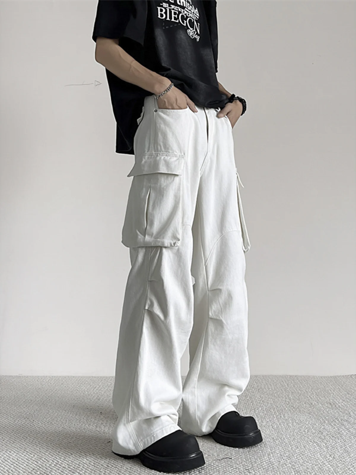 American Retro Workwear Pants Men's Cleanfit Trendy Brand Basic Loose Casual Trousers with Big Pockets And Pleats