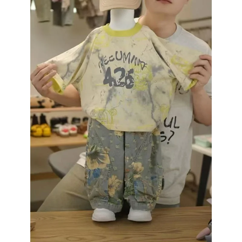 Children's Summer Short Sleeve Set 2026 New Style Boys' Fashion Tie Dyeing Short Sleeve Loose Jeans Two Piece Set