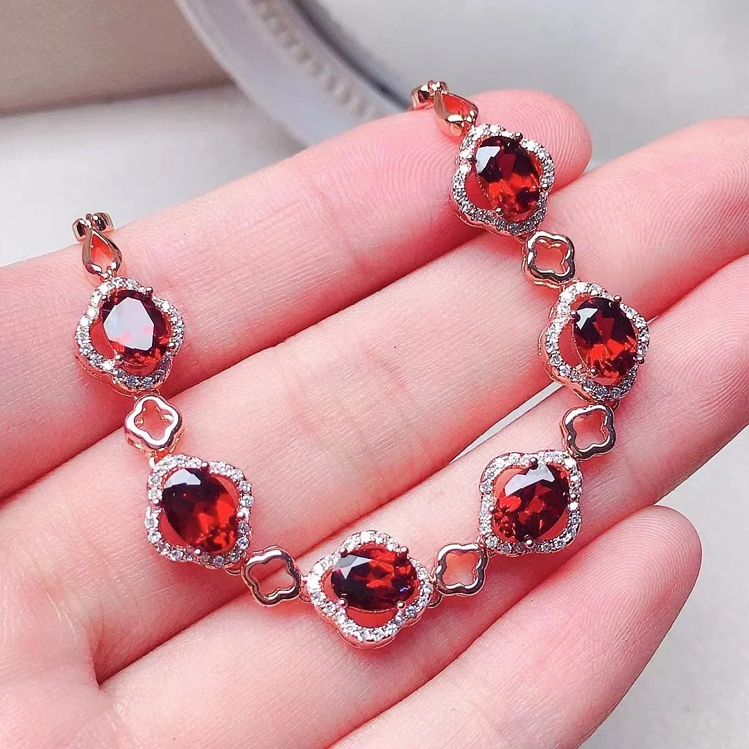 Elegant Silver Gemstone Bracelet for Woman Total 3.6ct 5mm*7mm Natural Garnet Bracelet 18K Gold Plating Garnet Jewelry