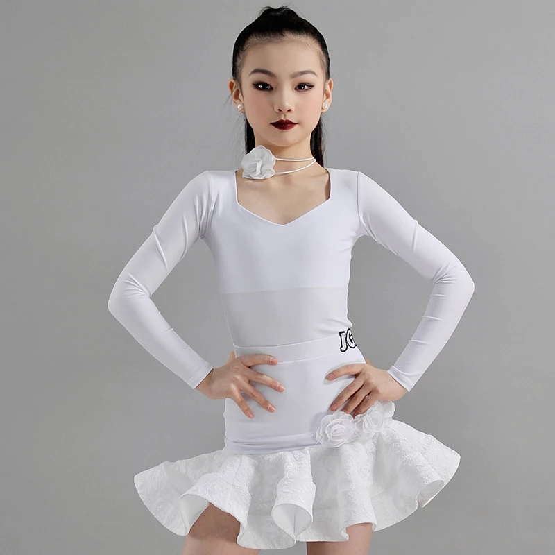 

White Latin Dance Dress For Girls Performance Clothes Kids Cha Cha Rumba Ballroom Dance Competition Dress Practice Wear DNV19810