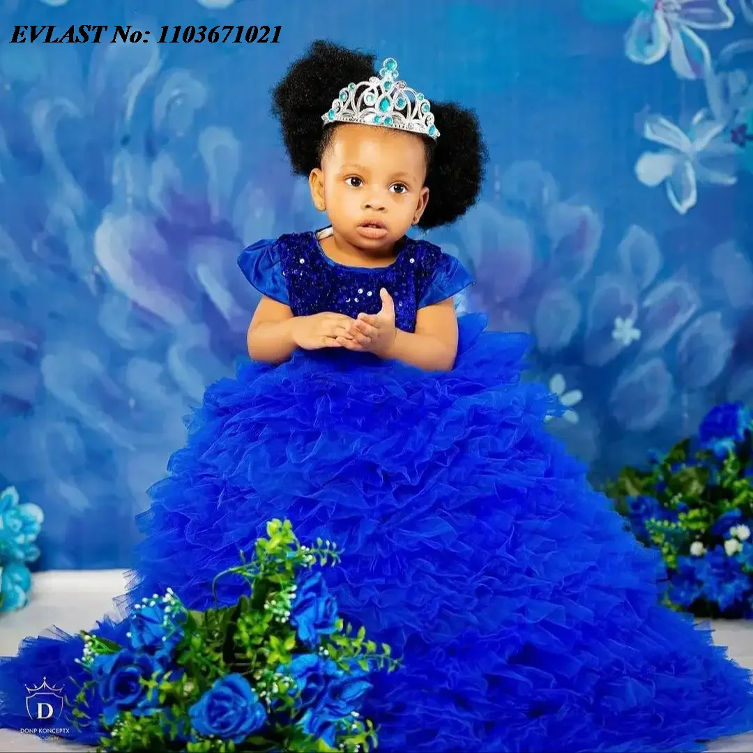 

EVLAST Customized Royal Blue Flower Girl Dress Princess For Weddings Toddler Girls Pageant Dress Kids Birthday Communion FD75