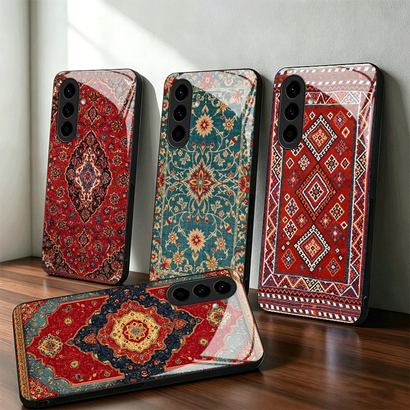 Persian Carpet Floral Pattern Glass Phone Case for Samsung A17 A16 A15 A14 A13 A57 A56 A55 A54 A53 A37 A36 A35 A34 A33 A27 A26 A