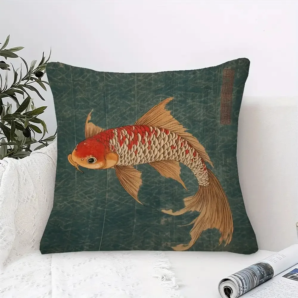 Traditional Japanese Koi Fish Decorative Pillowcase, Artistic Oriental Pattern Cushion Cover for Sofa Bedroom Office Decor
