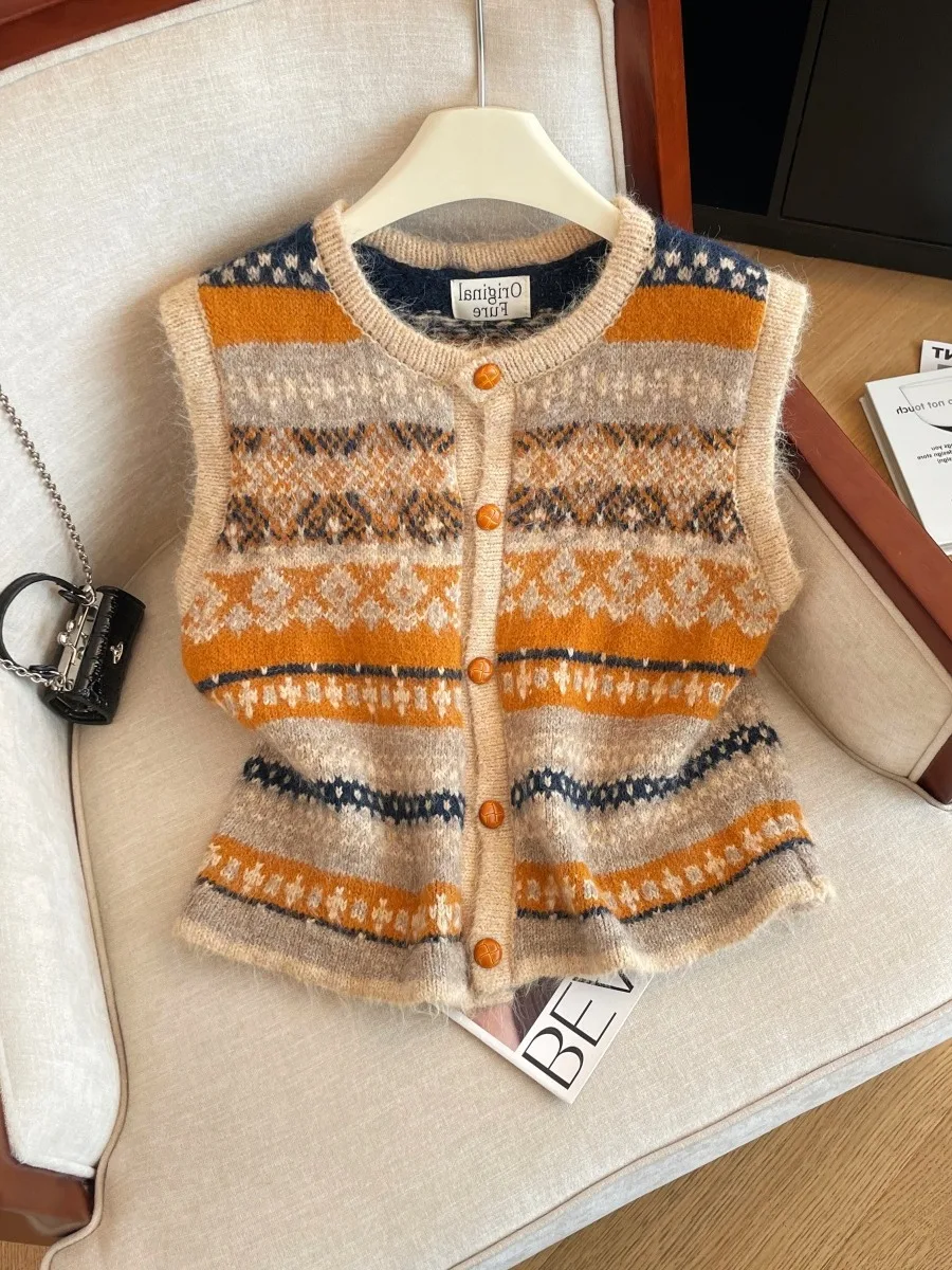 

Ретро-корейский вязаный жилет для женщин, весенний модный топ для многослойных образов, элегантная верхняя одежда с круглым вырезом