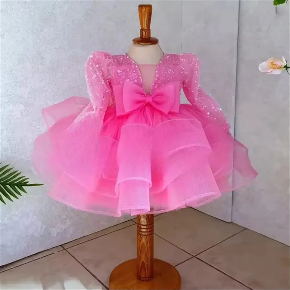 

Luxury Princess Flower Girl Wedding Dress Sequined Full Sleeves with Bow Layered Kids Birthday Party Ball Gown Celebration Dress