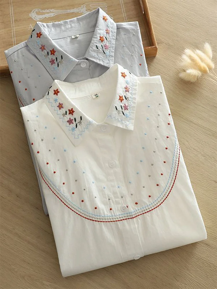 Pure Cotton White Shirts Women Turn Down Collar Ethnic Embroidery Tops Long Sleeve Loose Casual Blouses Autumn Spring T37962JM