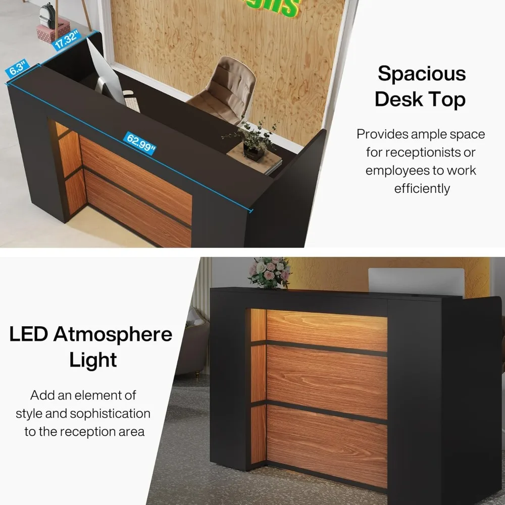 Reception Desk with LED Lights, 63 Inches Store Shop Clinic Office (Black&Brown)