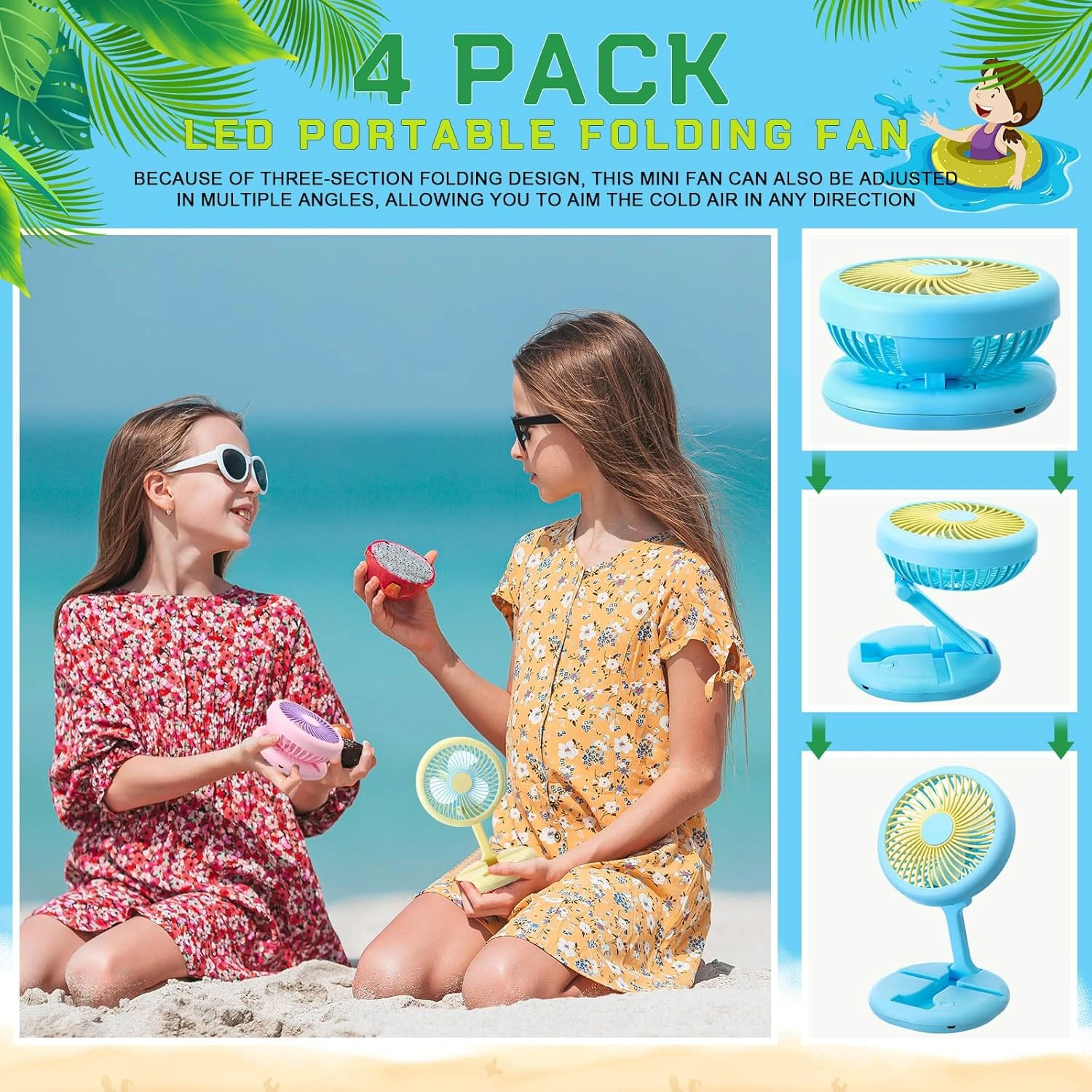 Ventilatore portatile a LED da 4 pezzi Ventilatore per asciugacapelli personale ricaricabile USB Ventilatore per trucco per donna Ventilatore da tavolo da scrivania a 2 velocità Campo telescopico