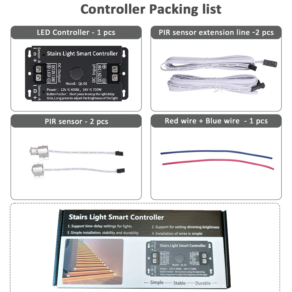 Automatic Stairs Lighting Controller 12V COB LED Strip Backlight for Staircase with Motion Sensor Switch 20s-80s Timer Delay OFF