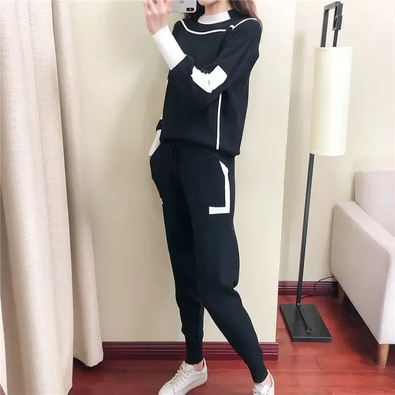 Women Sweater Sets Autumn Winter Golf Wear Thick Soft Knitted Sets Pullovers +Long Pant Casual 2PCS Track Golf Clothing Suits