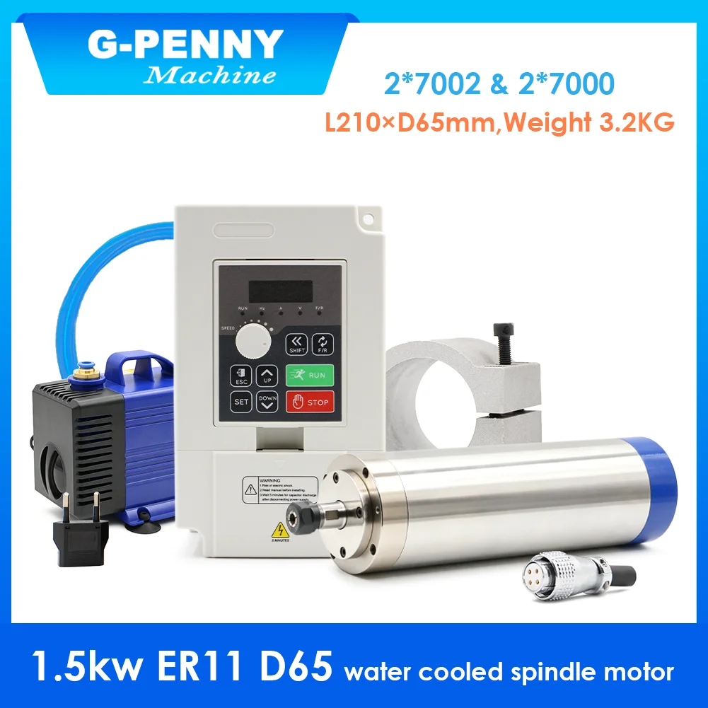 G-Penny 1.5KW Water Cooled CNC Spindle Motor Kit 110V/220V ER11 65mm 24000RPM 4 Bearings & VFD & Bracket & Pump Wood Aluminium