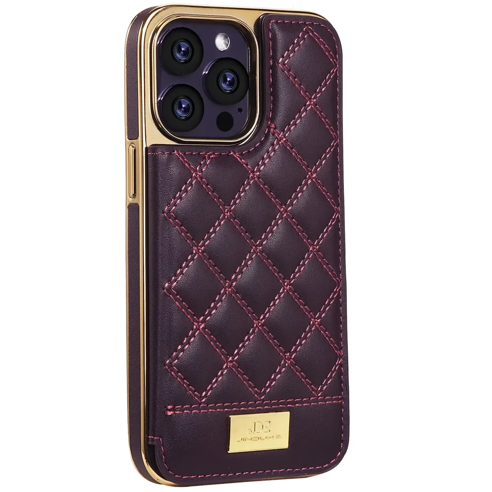 

Magnetic Leather Wallet Case For iPhone 15 12 13 14 Pro Max Plus Shockproof High-end Gold Plating Grid Pattern Card Slots Cover