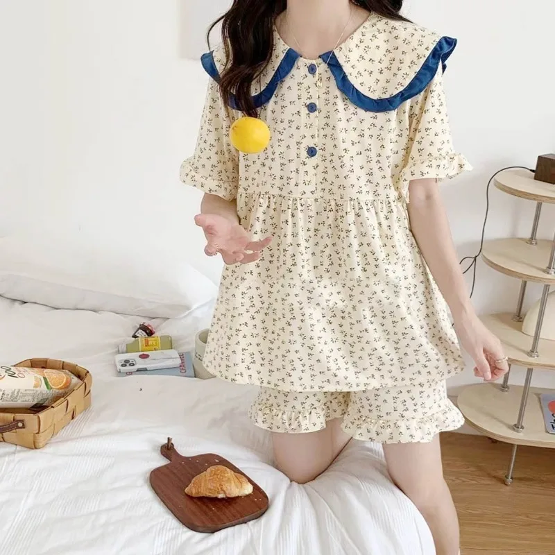 Korean Sleepwear Women Pajama Sets Peter Pan Collar Short Sleeve Piiama Summer Set 2 Pieces Floral Sleeping Home Suit Night Wear