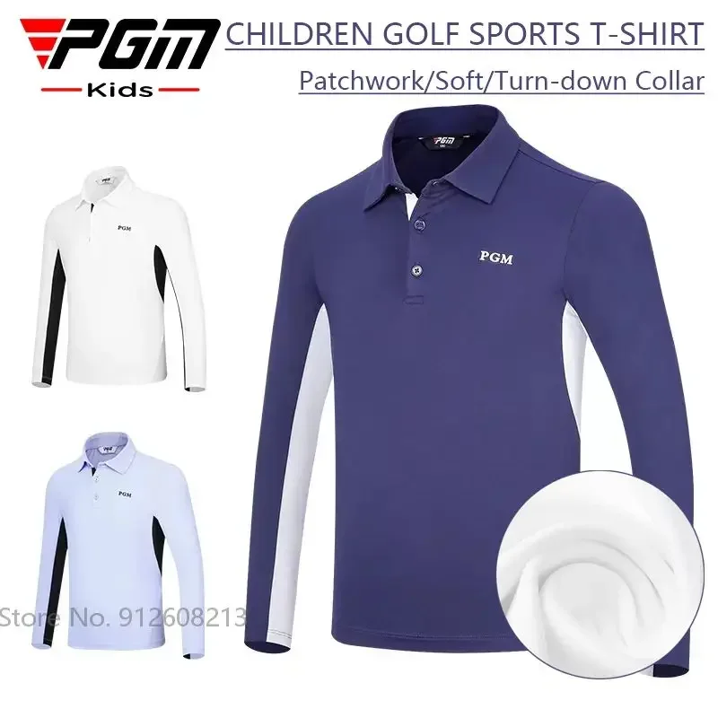 PGM Teenager Sports Polo T-Shirt Boys Golf Wear Long-sleeve Golf Shirt Children Elastic Patchwork Tops Kids Soft Sportswear S-XL