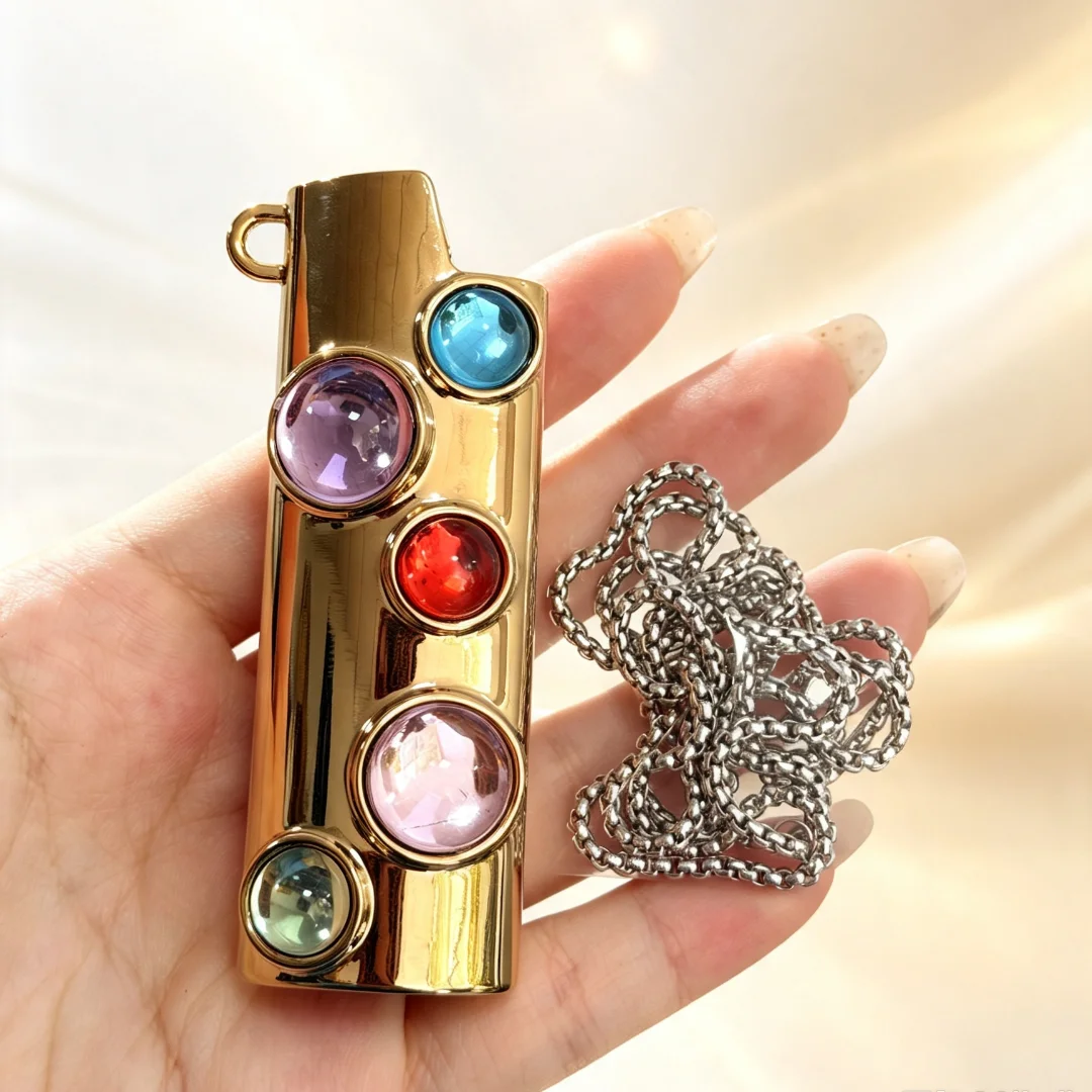 Gemstone Inlaid Metal Lighter Case For BIC J6 Bling Colorful Crystal Lighter Cover Pendant With Loop  Smoking Accessories Gift