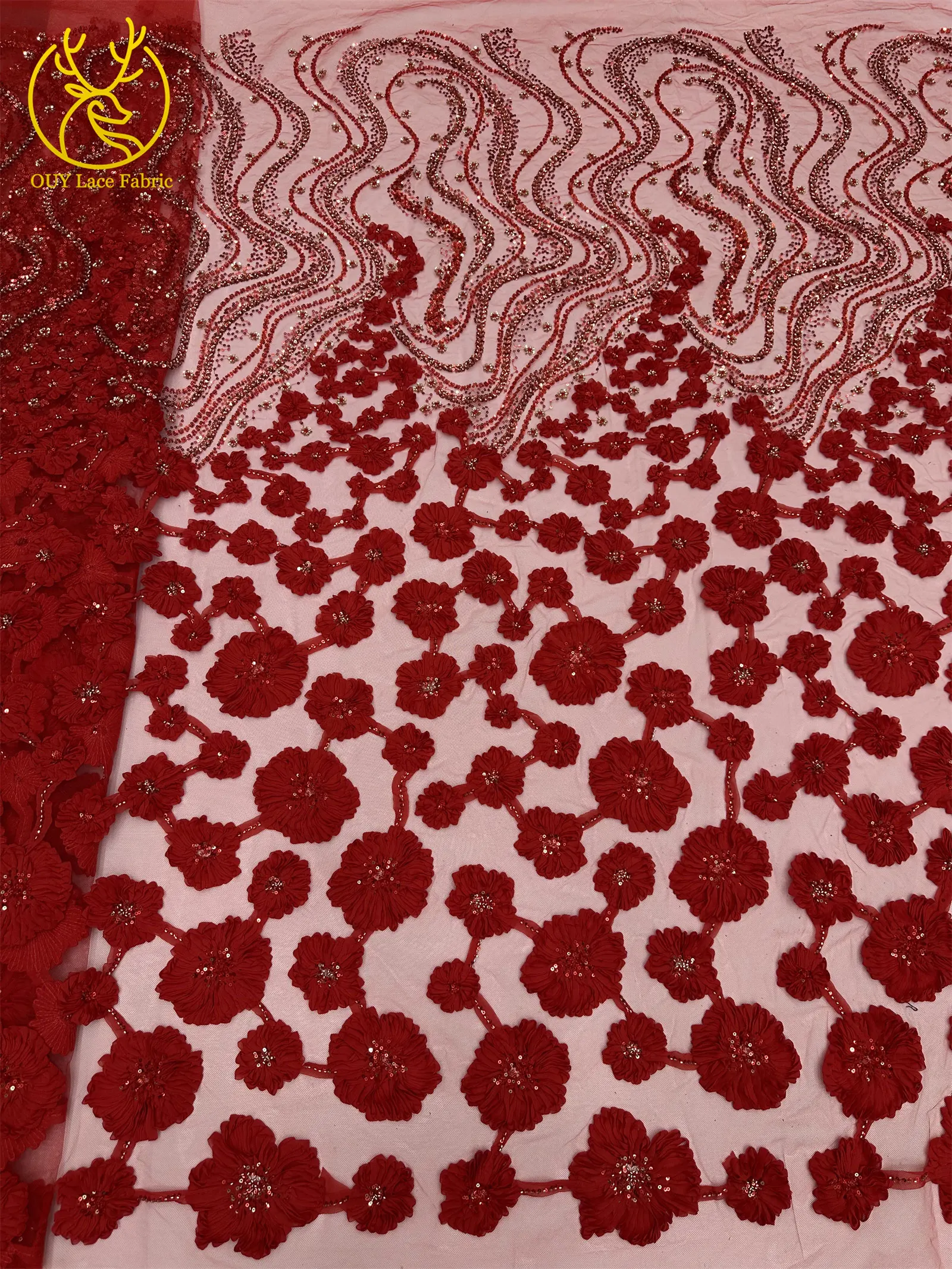 Burgunderroter 3D-Spitzenstoff, afrikanischer Perlen-Spitzenstoff, 5 Yards, nigerianischer Tüll, Pailletten-Spitzenstoff, Party, Damen, Hochzeitskleid, Nähen – Detail 14