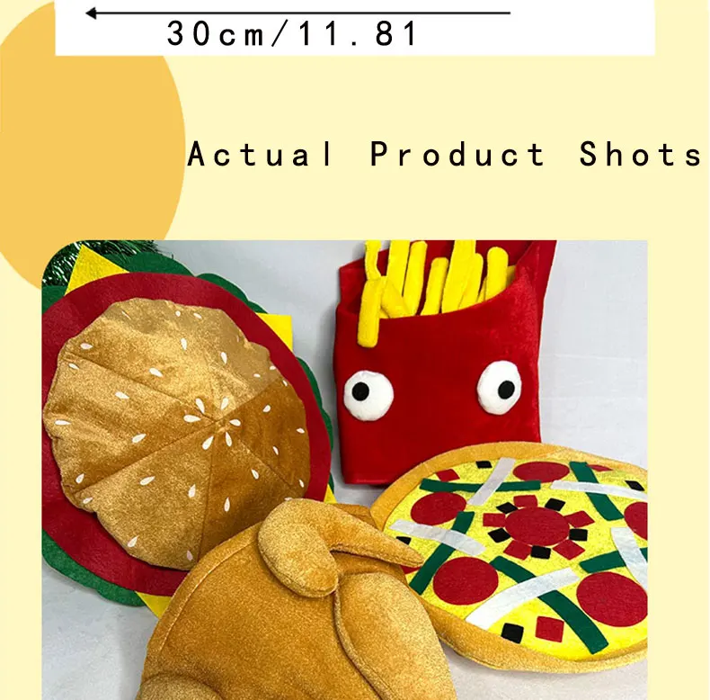 Niedliches, neuartiges Food-Hut-Set, 4-teilig – Hamburger, Pommes Frites, Pizza und Drumstick für Partys, Freizeitkleidung und Geschenke – Detail 12
