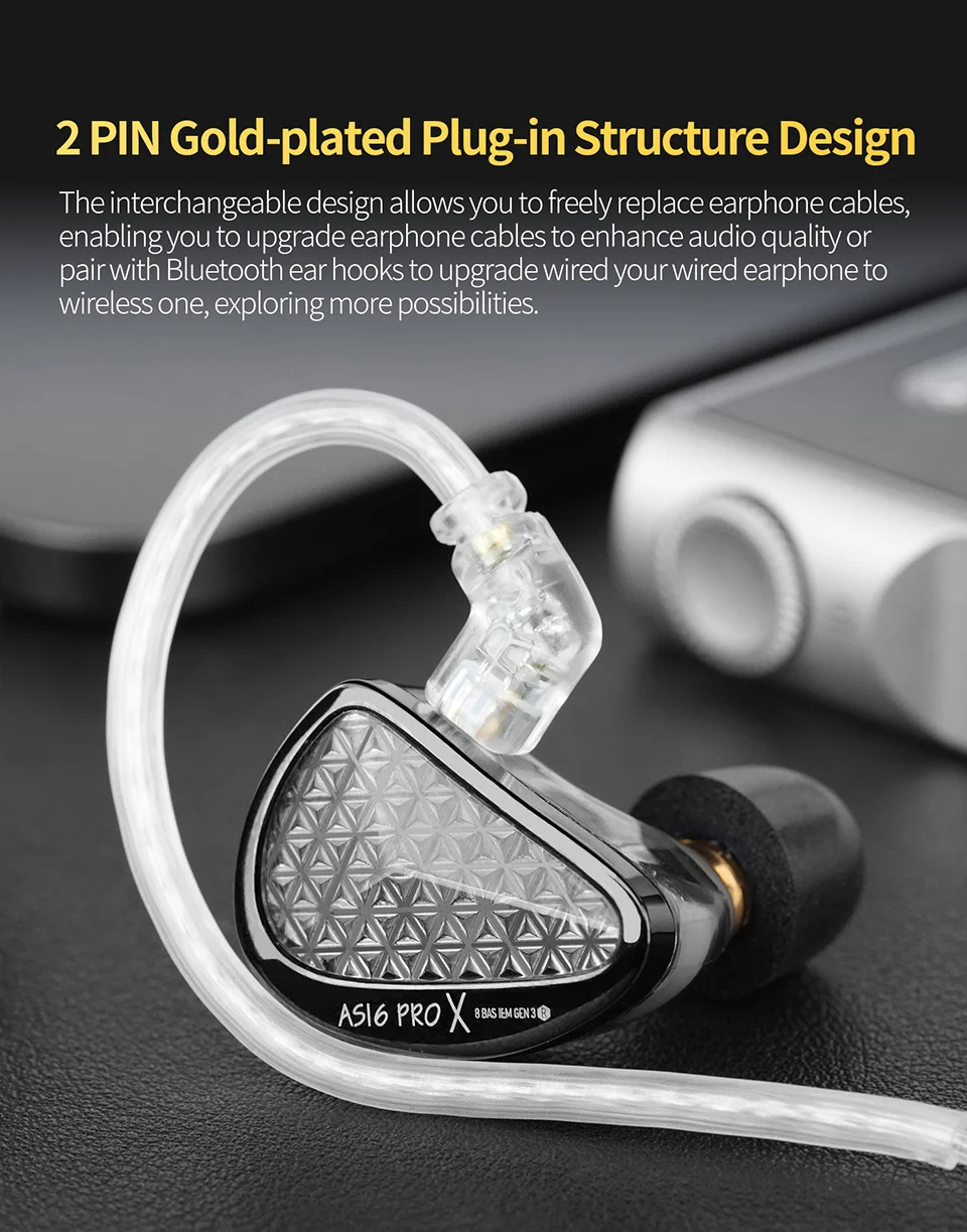 KZ AS16 Pro X In-Ear-Kopfhörer, 8, Balanced Armature Headset, Sport-Spielkopfhörer mit Geräuschunterdrückung und abnehmbarem Audiokabel – Detail 9
