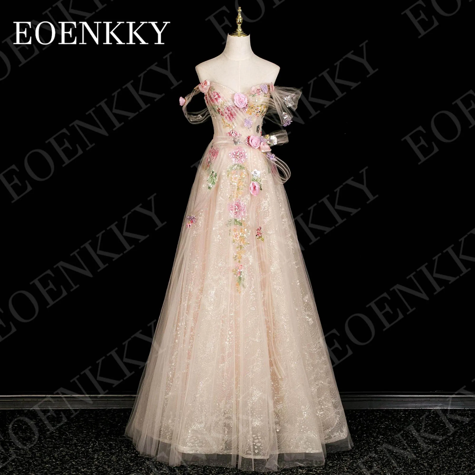 

EOENKKY Платье для выпускного вечера с открытыми плечами Вечерние платья трапециевидной формы Роскошные 3D цветы Тюль Церемониальные платья по индивидуальному заказу От плеча бальное платье линия вечерние платья роскош