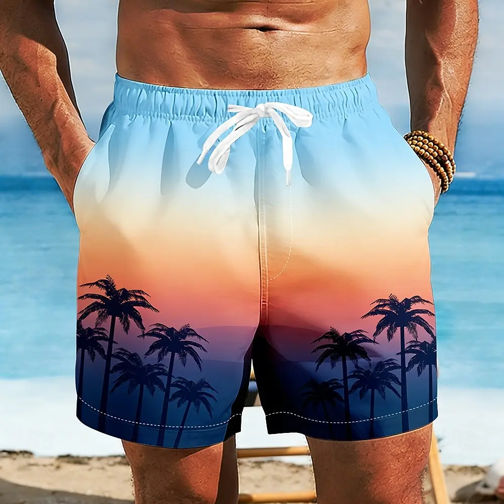 

Men's Designer Hawaiian Beach Swim Trunks,Gradient Coconut Tree Tropical Plants Print,Mid Waist Board Shorts for Spring & Summer