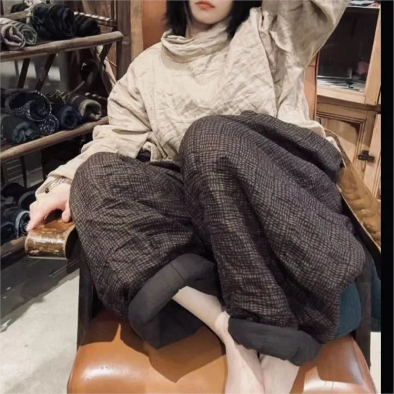 Johnature 2024 Woman Winter New Niche Vintage Style Linen Drawstring Wide Leg Pants Loose Casual Personality Retro Pants