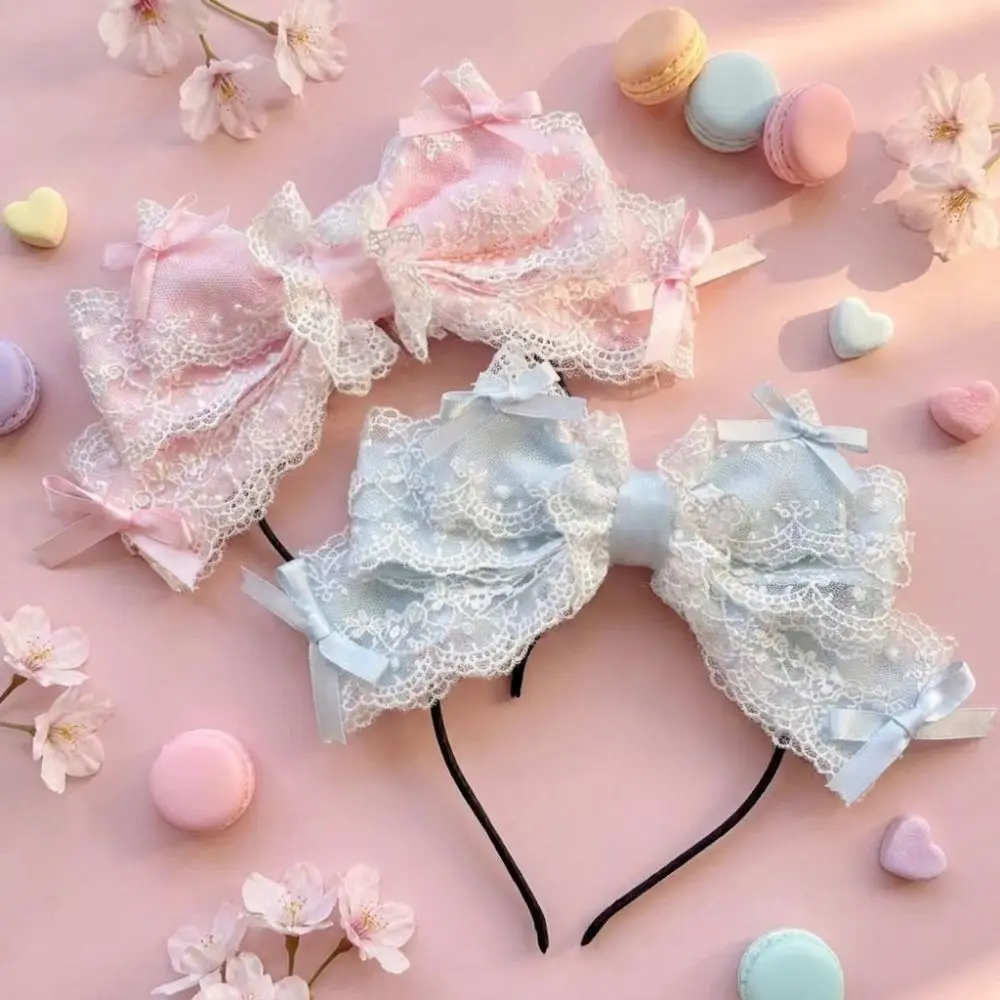 Trend Ruffle Lace Ribbon Bowknot Hairband Sweet Style Headwear Girl's Headband Wide Kawaii Hair Hoop Women's Hair Accessories