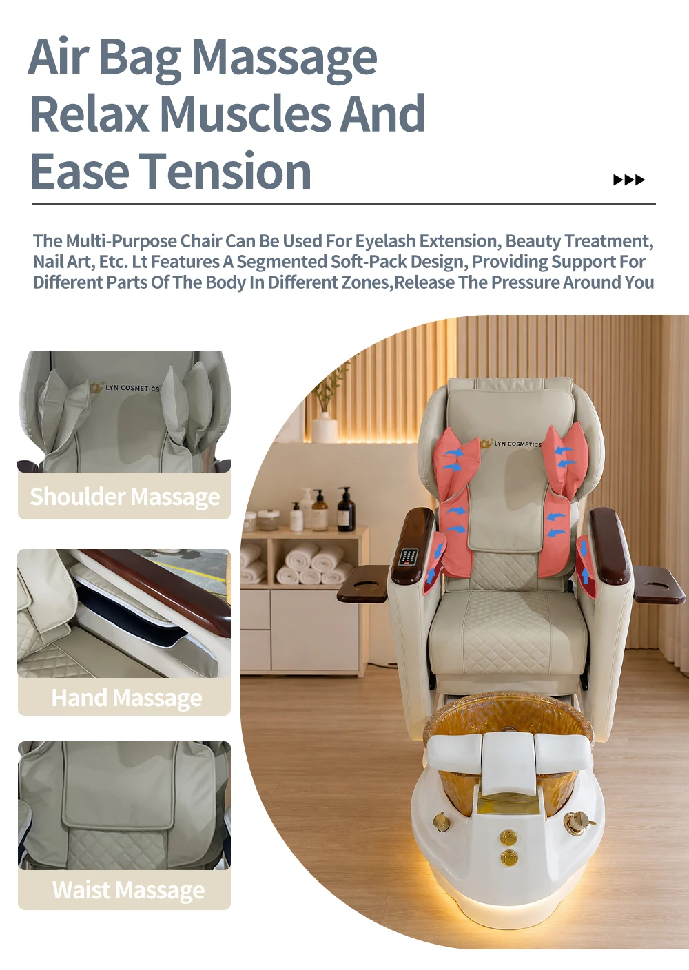 Massage-Pediküre-Spa-Stuhl mit Fußwanne, Holzarmlehne, verstellbarer Maniküre-Fußpflege-Liege, LED-Lichtbasis, Salon-Nagelstudio-Ausstattung – Detail 5