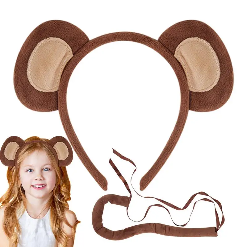 Monkey Costumes Set Animal Ears and Tail Set Monkey Fancy Dress Accessories Plush Ears Headband Halloween Cosplay Props