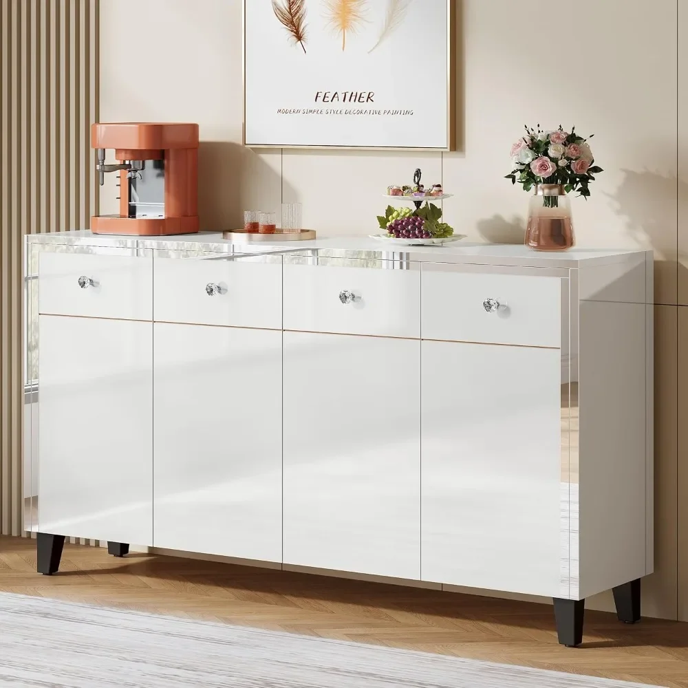 Sideboard-Buffetschrank, 55" weiße Aufbewahrungs-Seitenschrank mit verstellbaren Regalen, Konsolenschränke für den Eingangsbereich
