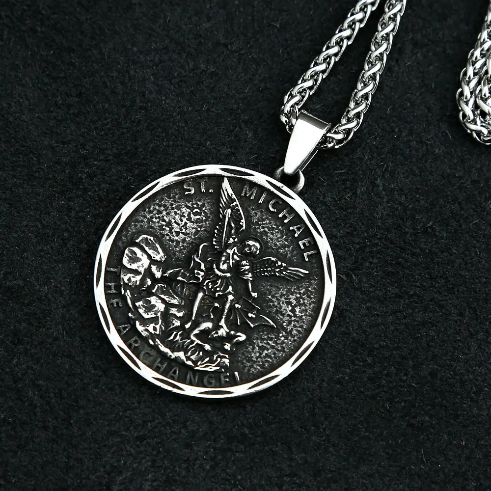 Vintage Men Stainless Steel Archangel St.Michael Guardian Pendant Necklaces Fashion Jewelry Creativity Chains Gifts Wholesale