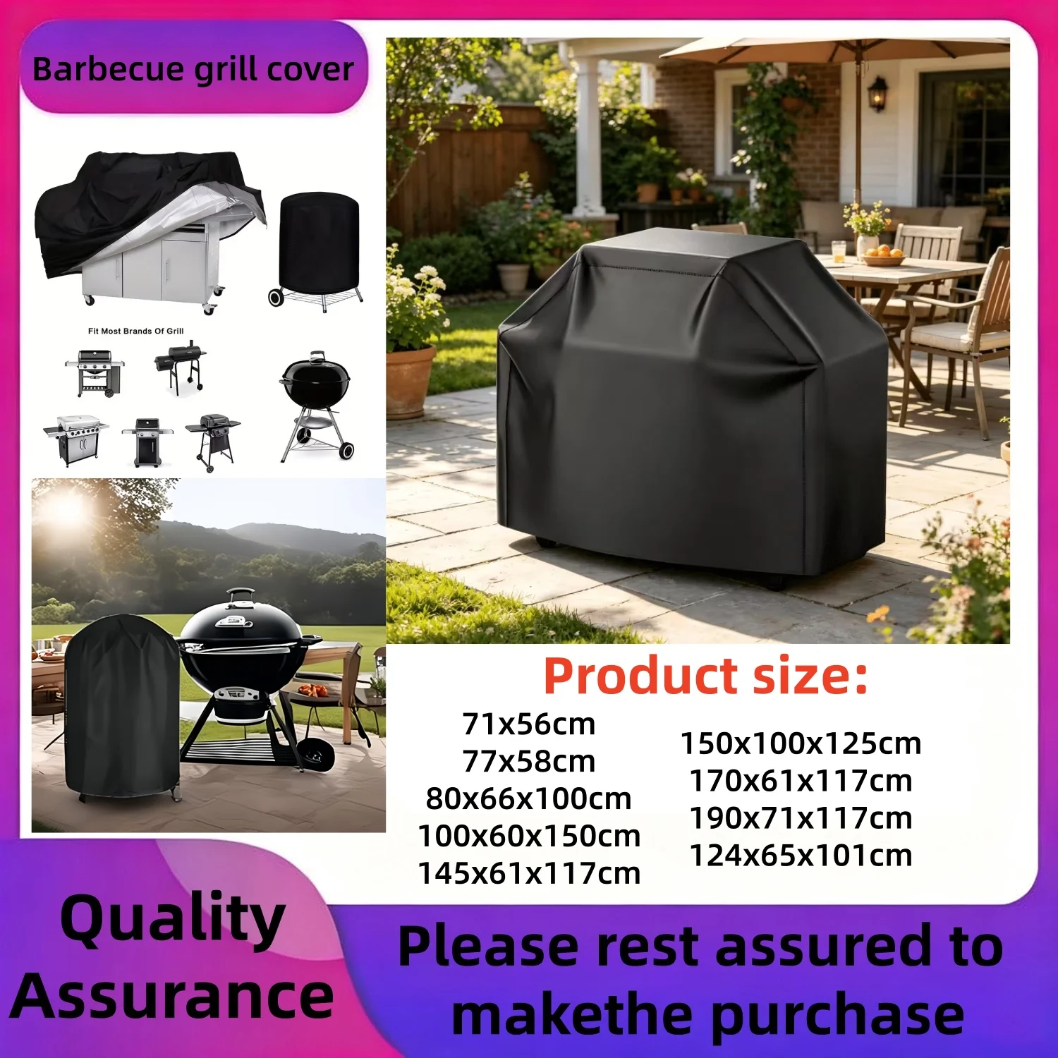 Patio Grill Cover, Outdoor BBQ Cover, UV Resistant, Fade Resistant, with Adjustable Drawstring Hem