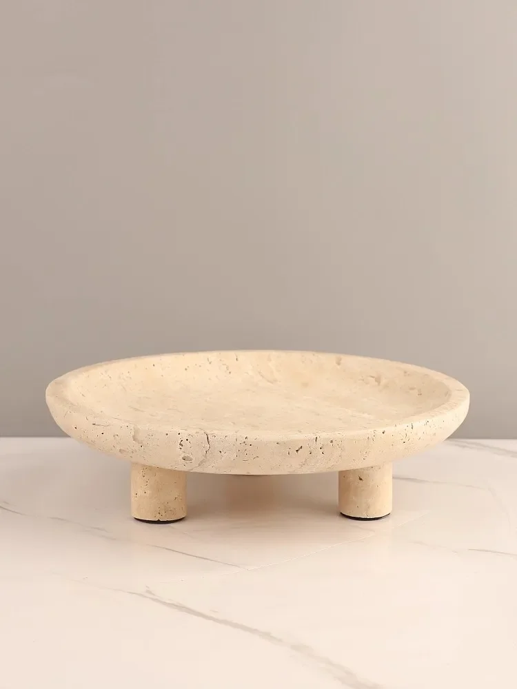 French Style Retro Home Use Natural Marble Fruit Tray Hotel Light luxury Advanced Decoration Yellow Cave Stone Tall Foot Tray