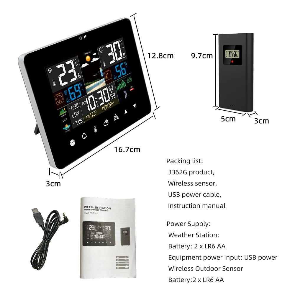 Weather Station Home Digital Display Thermometer Hygrometer with Touch Screen Wall Clock Table Desk Clock with Wireless Sensor