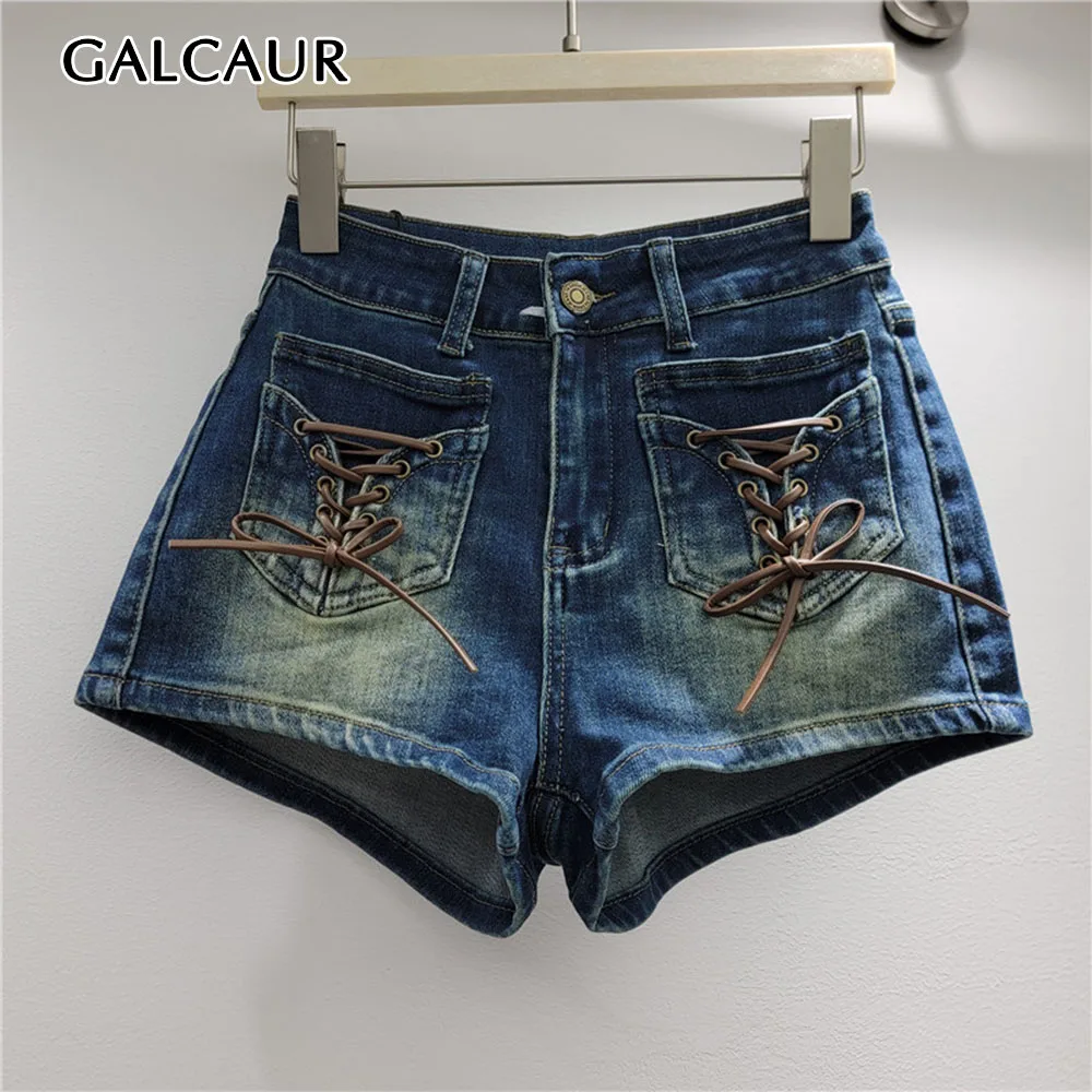 GALCAUR Lace Up Spliced Distress Slimming Shorts for Women High Waist Patchwork Button Pocket Denim Casual Trousers Female Style