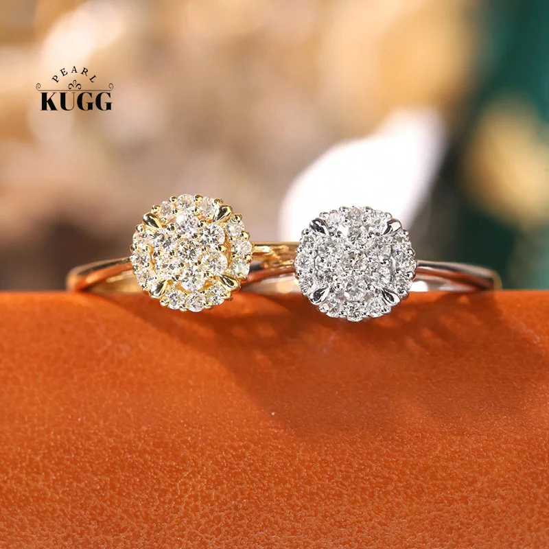 KUGG 100% 18K White or Yellow Gold Rings Shiny 0.30carat Real Natural Diamond Ring for Women Luxury Round Design Party Jewelry