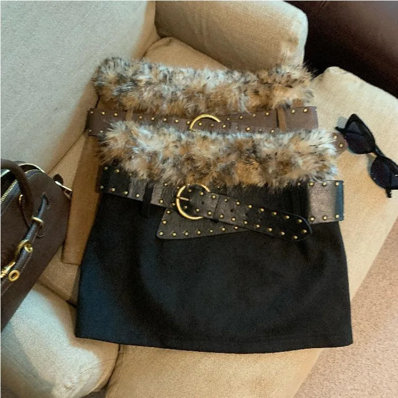 Autumn and Winter Retro Hot Girl High Waist Slimming Fur Belt Brushed Plush Butt Short Skirt