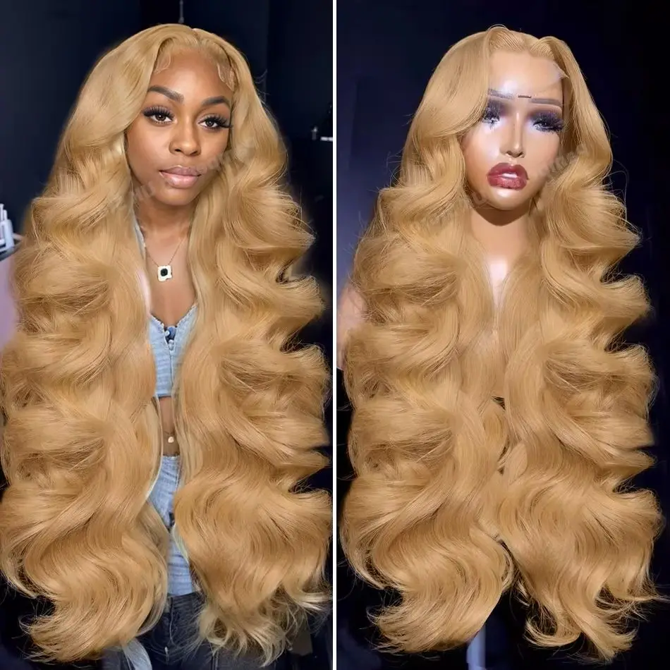 

Honey Blond #27 Brazilian 30 34 Inch Body Wave 13x4 Lace Front Human Hair 13x6 HD Transparent Lace Frontal Wigs 200% For Women