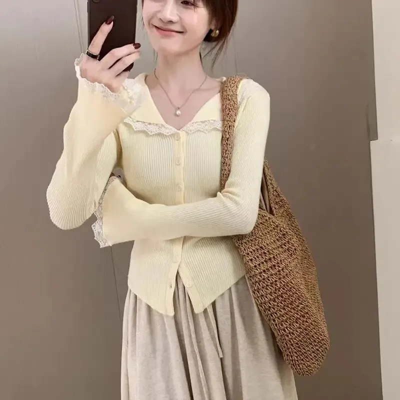 Cardigan à manches longues pour femmes, décontracté, col en v, haut tricoté, Style coréen, pull en dentelle douce, élégant, couleur unie, automne 2025